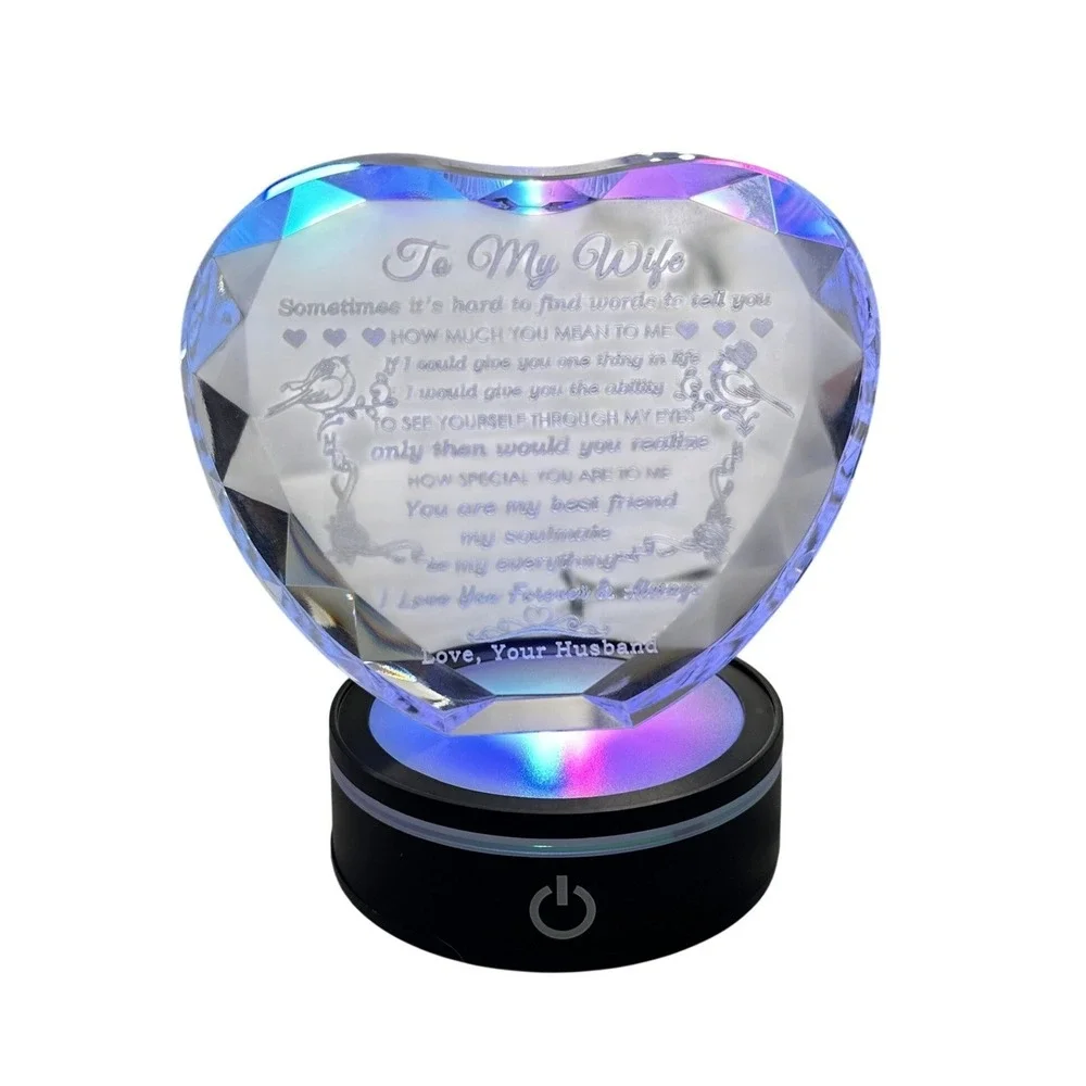 To My Wife Engraved Crystal‎ Heart LED Light Base Anniversary Birthday Gift Box